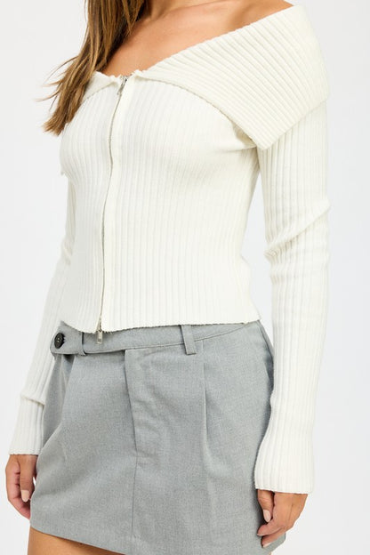 ZIP FRONT BARDOT SHOULDER TOP