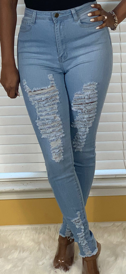 High Waisted Skinny Ripped Jeans-Mid wash