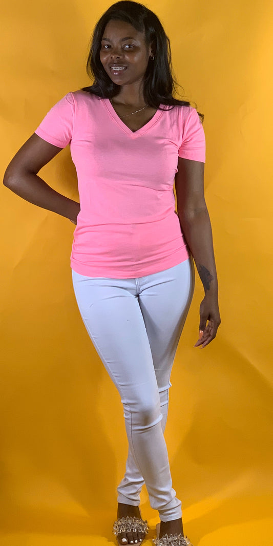 Basic Short Sleeve V-neck T-Shirt Bright Pink