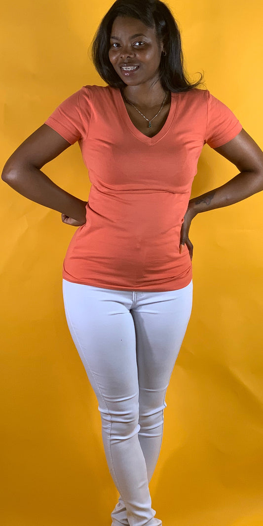 Basic Short Sleeve V-neck T-Shirt Ash Copper