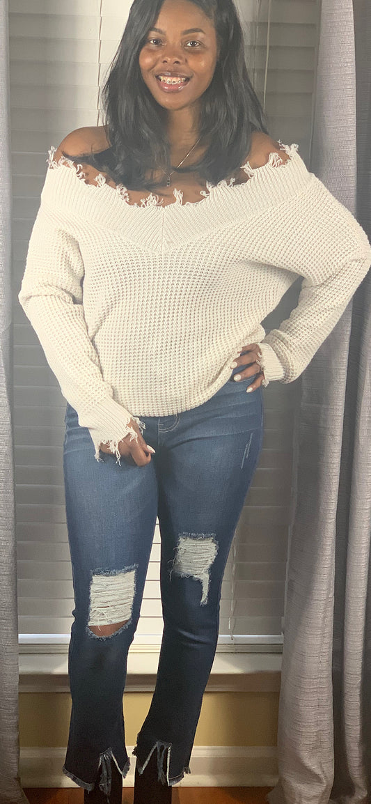 Distressed V-neck Sweater