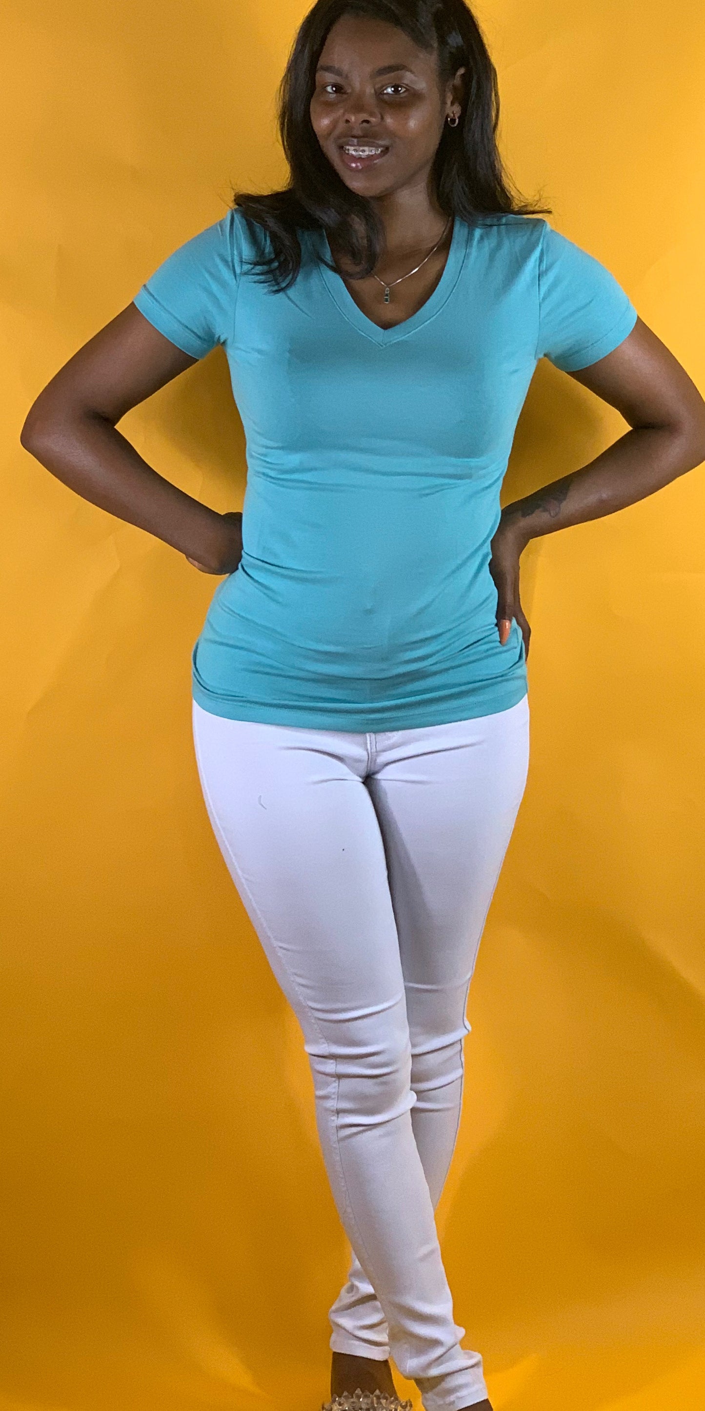 Basic Short Sleeve V-neck T-Shirt Ash Blue