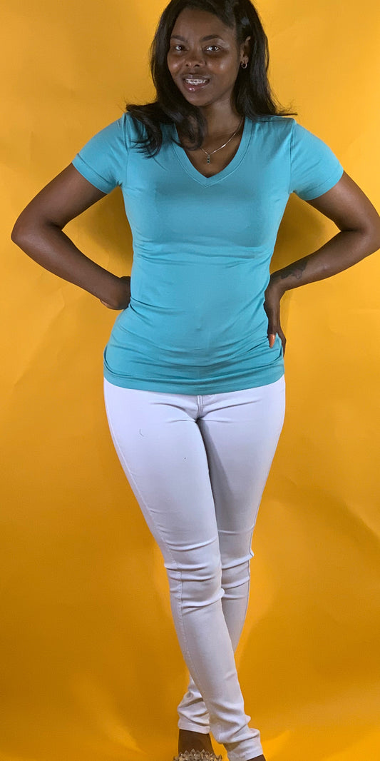 Basic Short Sleeve V-neck T-Shirt Ash Blue