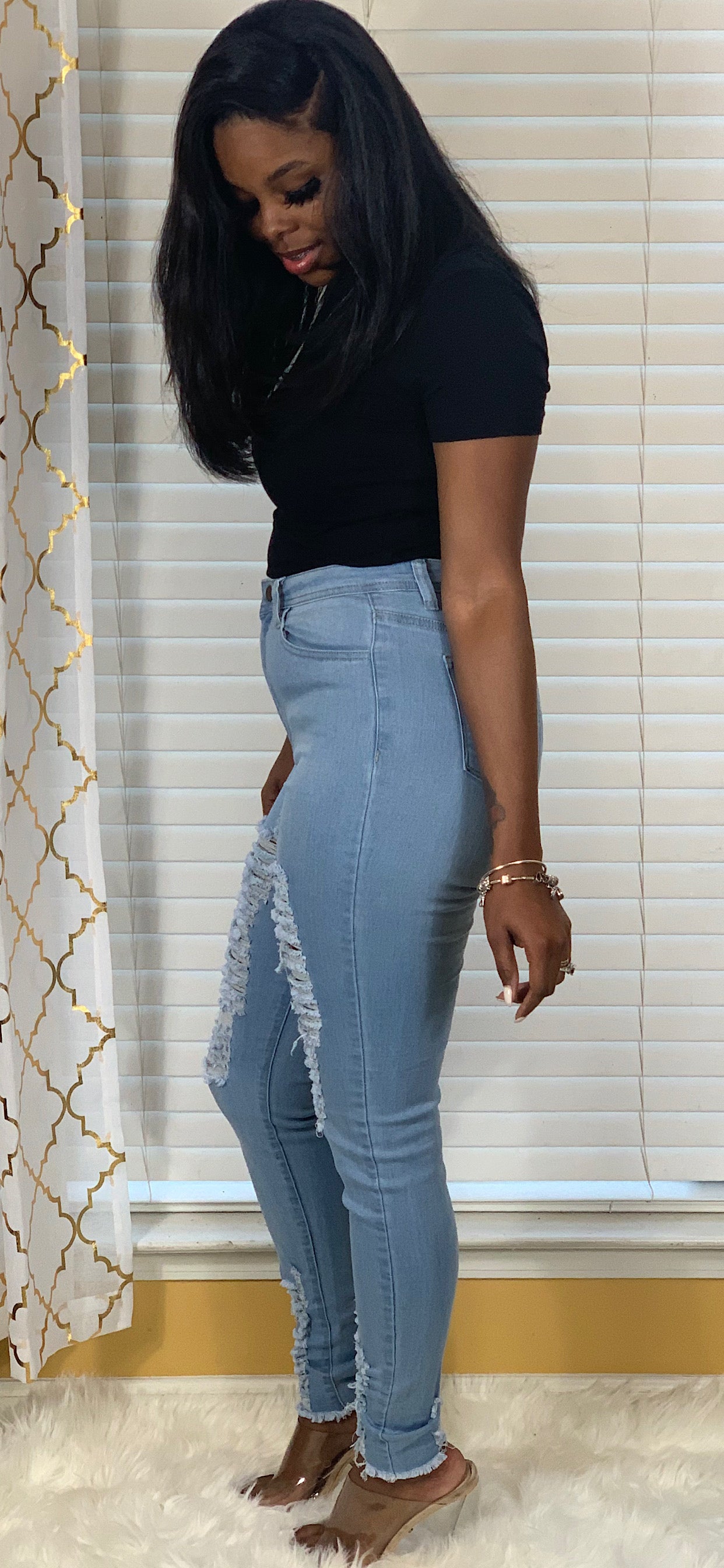 High Waisted Skinny Ripped Jeans-Mid wash