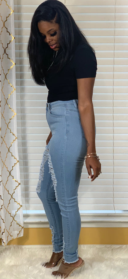 High Waisted Skinny Ripped Jeans-Mid wash