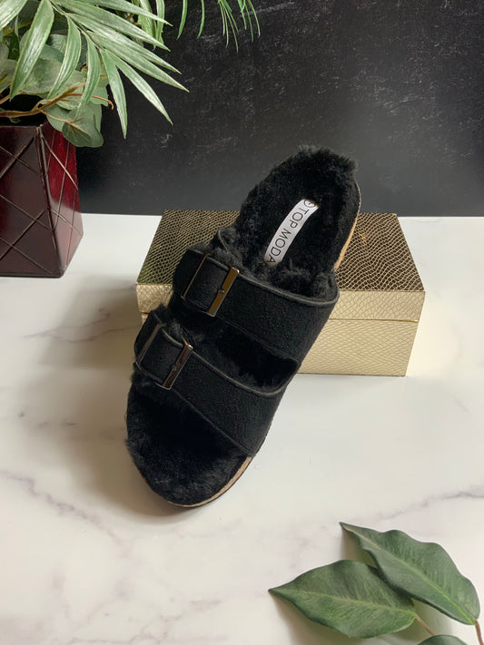 Nora Fur Slides-black